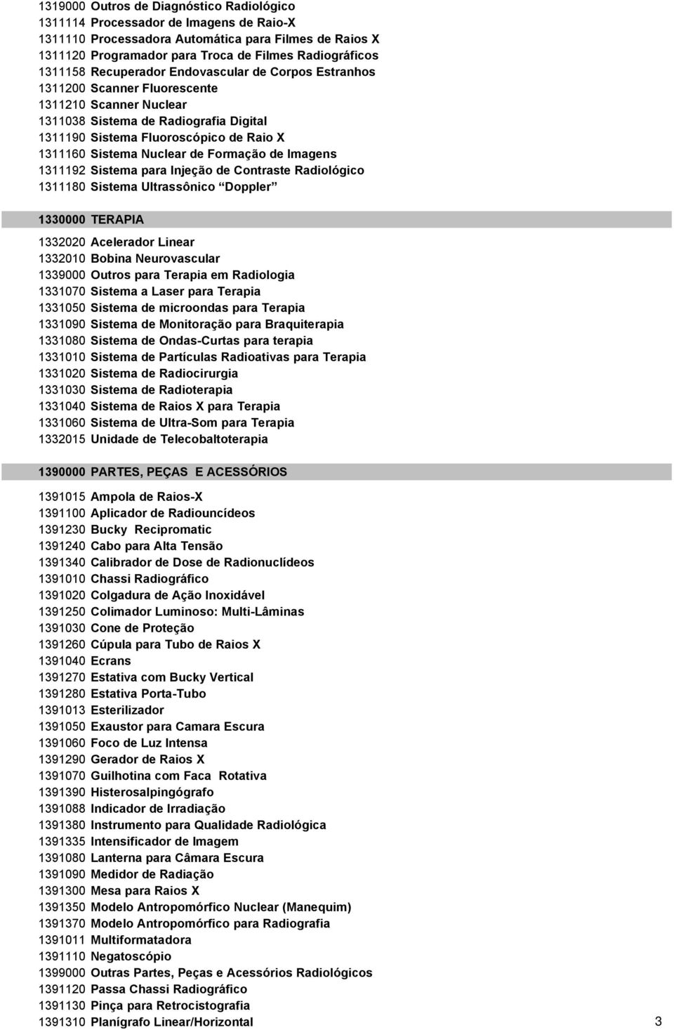 Sistema Nuclear de Formação de Imagens 1311192 Sistema para Injeção de Contraste Radiológico 1311180 Sistema Ultrassônico Doppler 1330000 TERAPIA 1332020 Acelerador Linear 1332010 Bobina