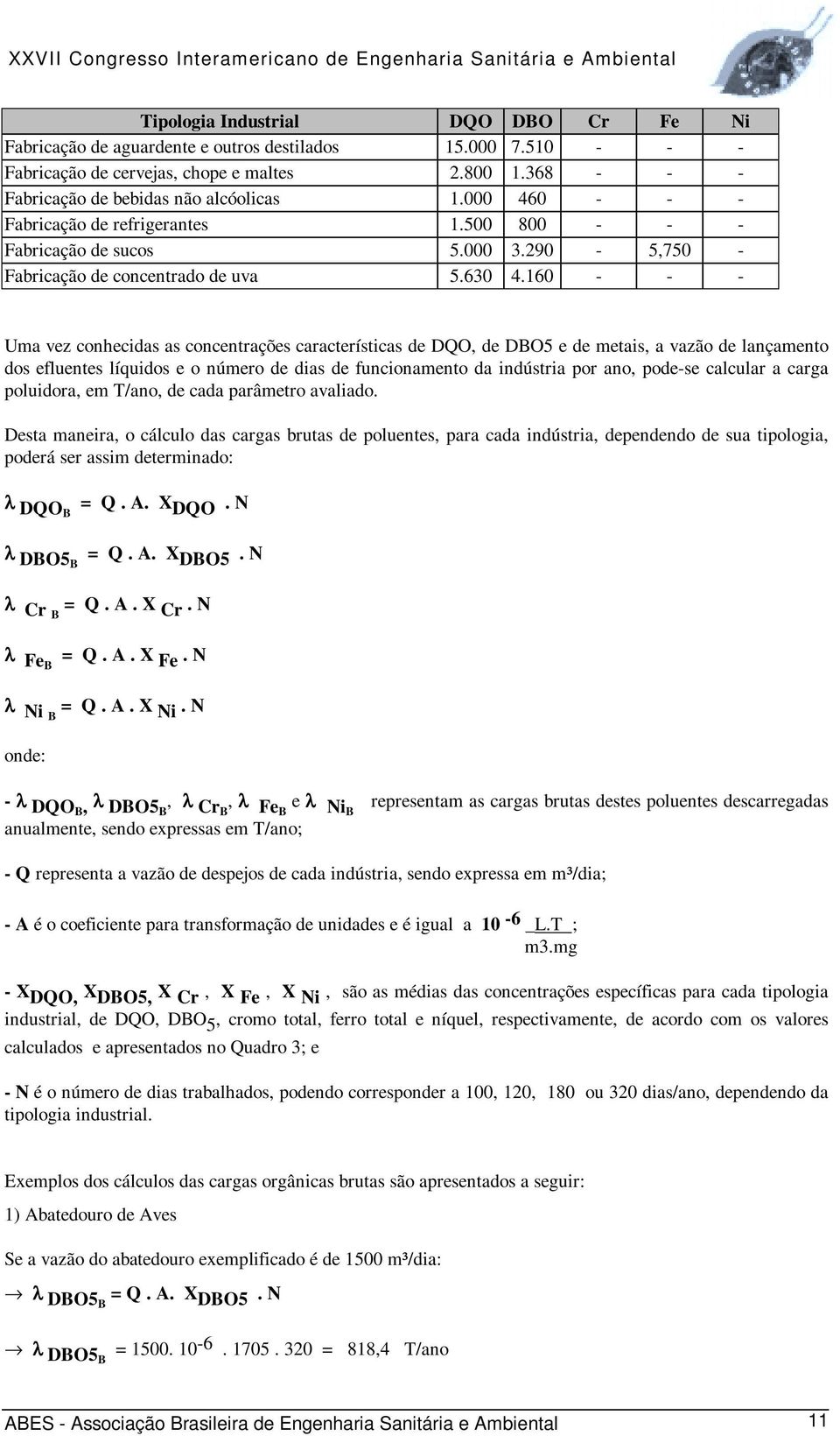 160 - - - Uma vez conhecidas as concentrações características de DQO, de DBO5 e de metais, a vazão de lançamento dos efluentes líquidos e o número de dias de funcionamento da indústria por ano,