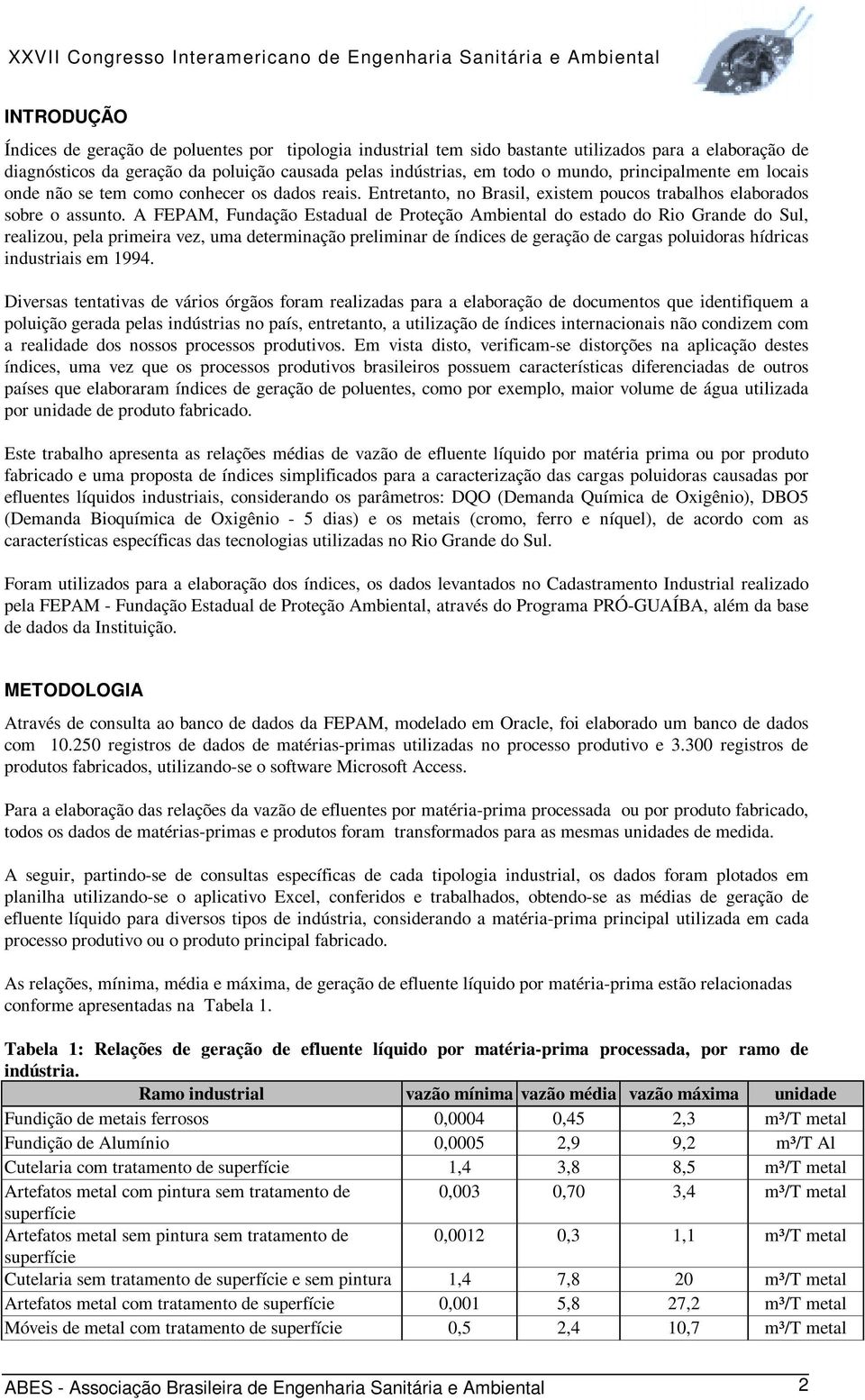 A FEPAM, Fundação Estadual de Proteção Ambiental do estado do Rio Grande do Sul, realizou, pela primeira vez, uma determinação preliminar de índices de geração de cargas poluidoras hídricas