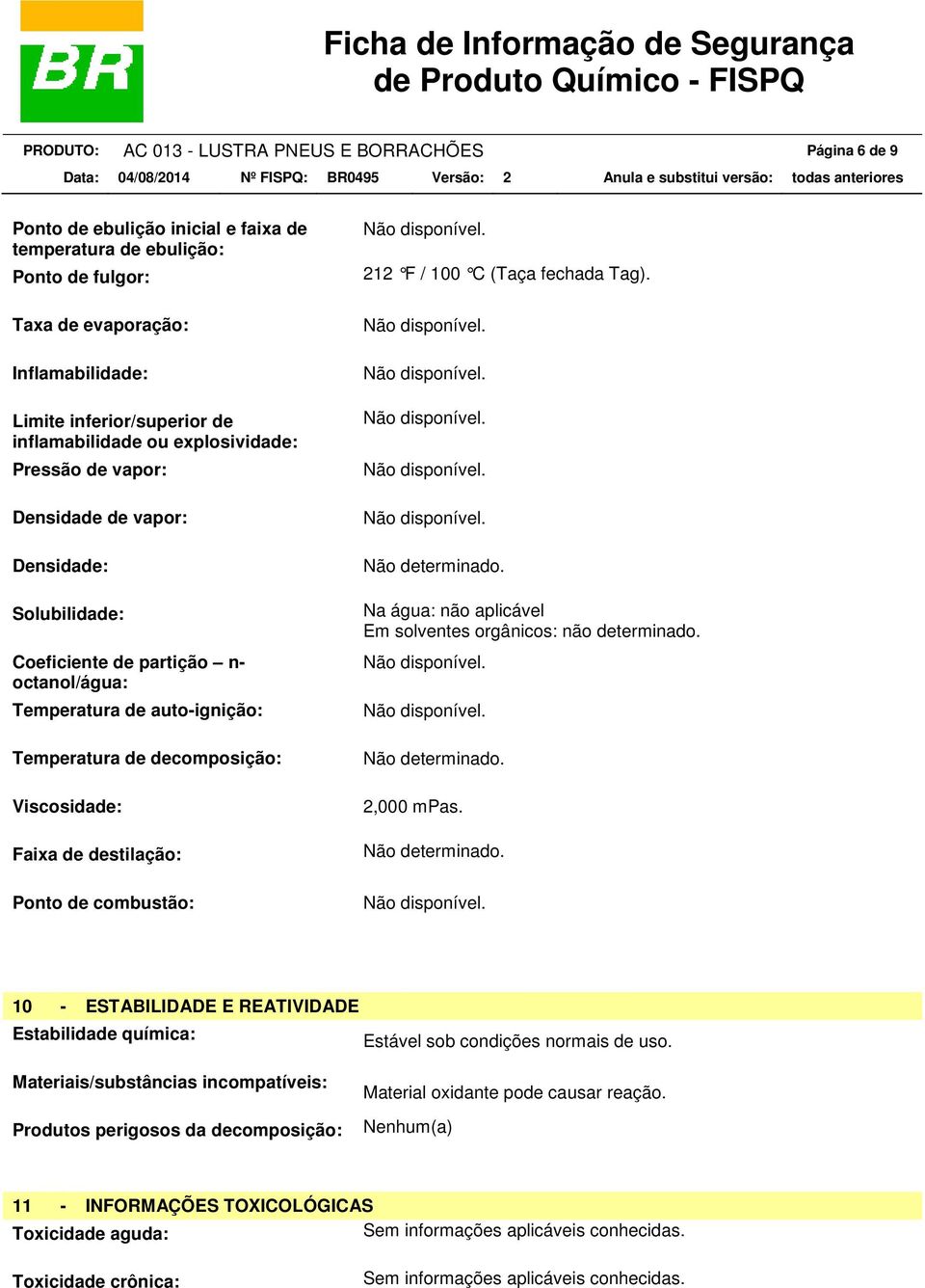 Viscosidade: Faixa de destilação: Ponto de combustão: 212 F / 100 C (Taça fechada Tag). Não determinado. Na água: não aplicável Em solventes orgânicos: não determinado. Não determinado. 2,000 mpas.