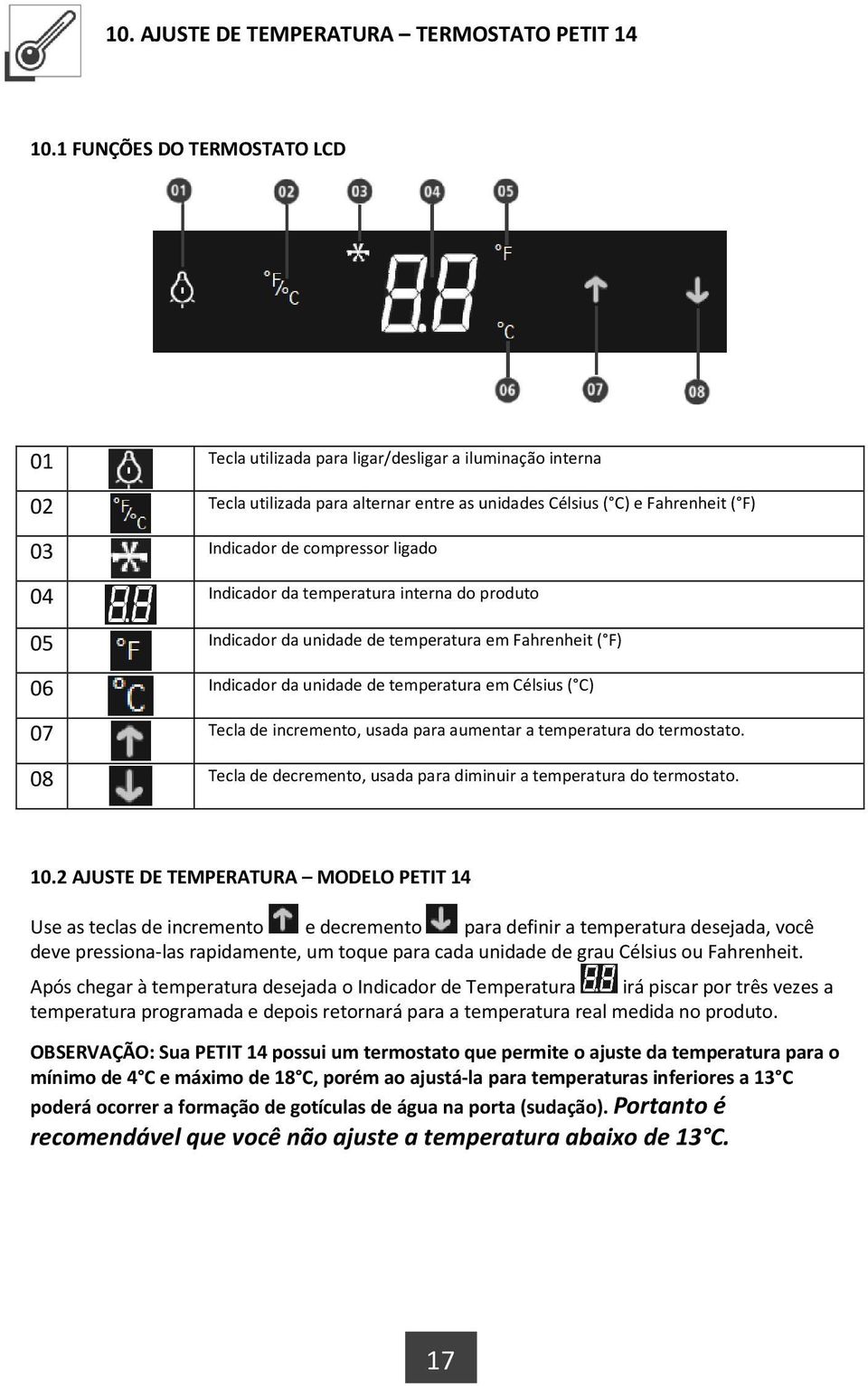 ligado 04 Indicador da temperatura interna do produto 05 Indicador da unidade de temperatura em Fahrenheit ( F) 06 Indicador da unidade de temperatura em Célsius ( C) 07 Tecla de incremento, usada