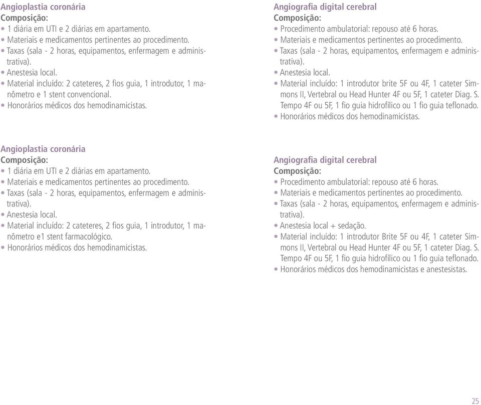 Material incluído: 1 introdutor brite 5F ou 4F, 1 cateter Simmons II, Vertebral ou Head Hunter 4F ou 5F, 1 cateter Diag. S. Tempo 4F ou 5F, 1 fio guia hidrofílico ou 1 fio guia teflonado.