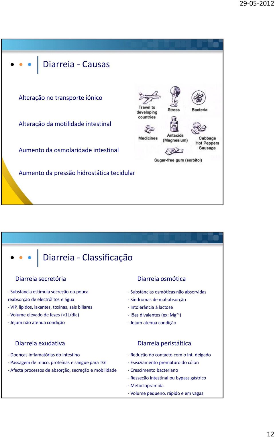 Diarreia osmótica - Substâncias osmóticas não absorvidas - Síndromas de mal-absorção - Intolerância à lactose - Iões divalentes (ex: Mg 2+ ) - Jejum atenua condição Diarreia exudativa - Doenças