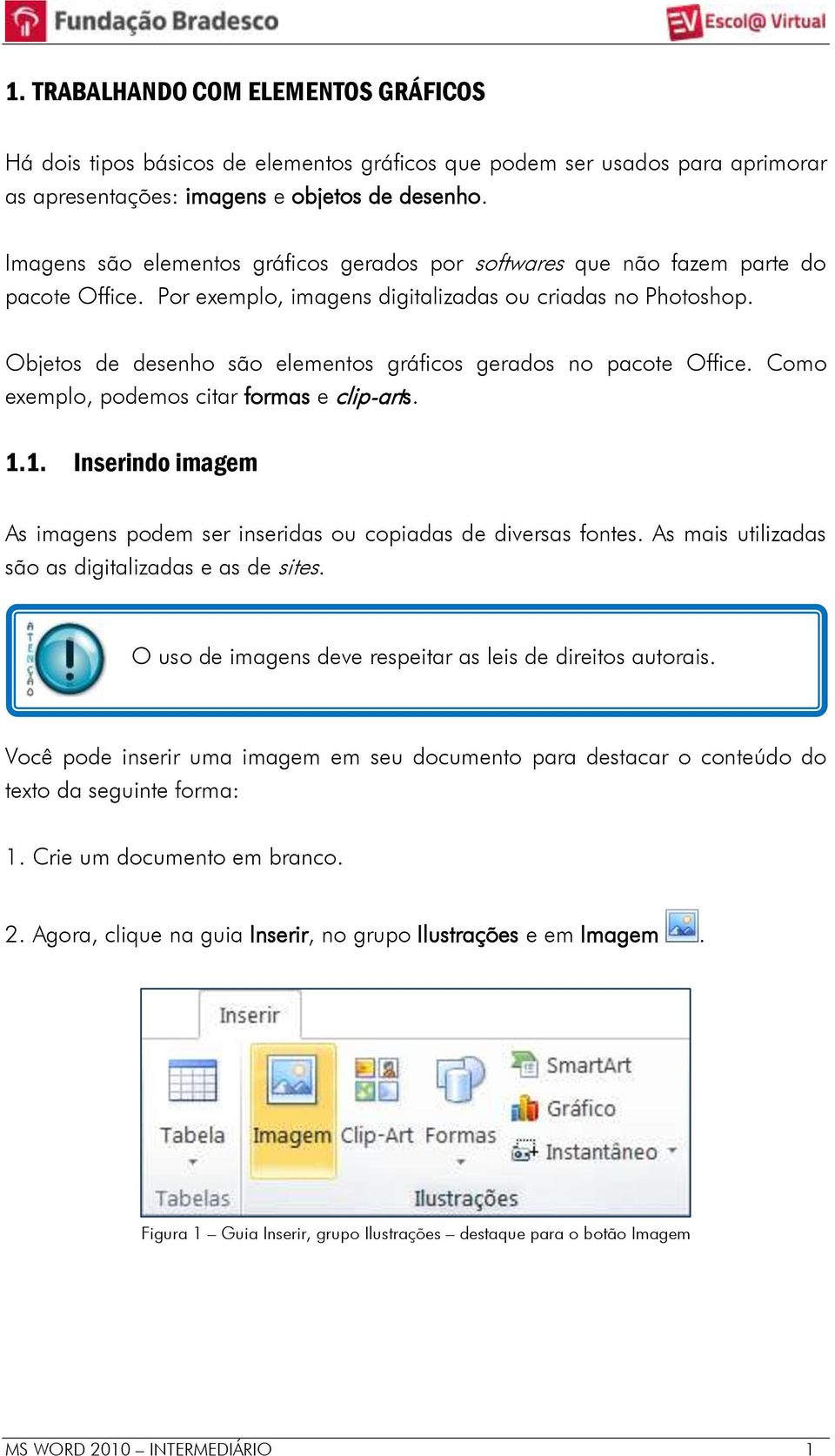 Objetos de desenho são elementos gráficos gerados no pacote Office. Como exemplo, podemos citar formas e clip-arts. 1.1. Inserindo imagem As imagens podem ser inseridas ou copiadas de diversas fontes.