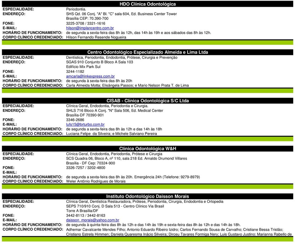 Hilson Fernando Resende Nogueira Centro Odontológico Especializado Almeida e Lima Ltda Dentística, Periodontia, Endodontia, Prótese, Cirurgia e Prevenção SGAS 910 Conjunto B Bloco A Sala 103 Edifício