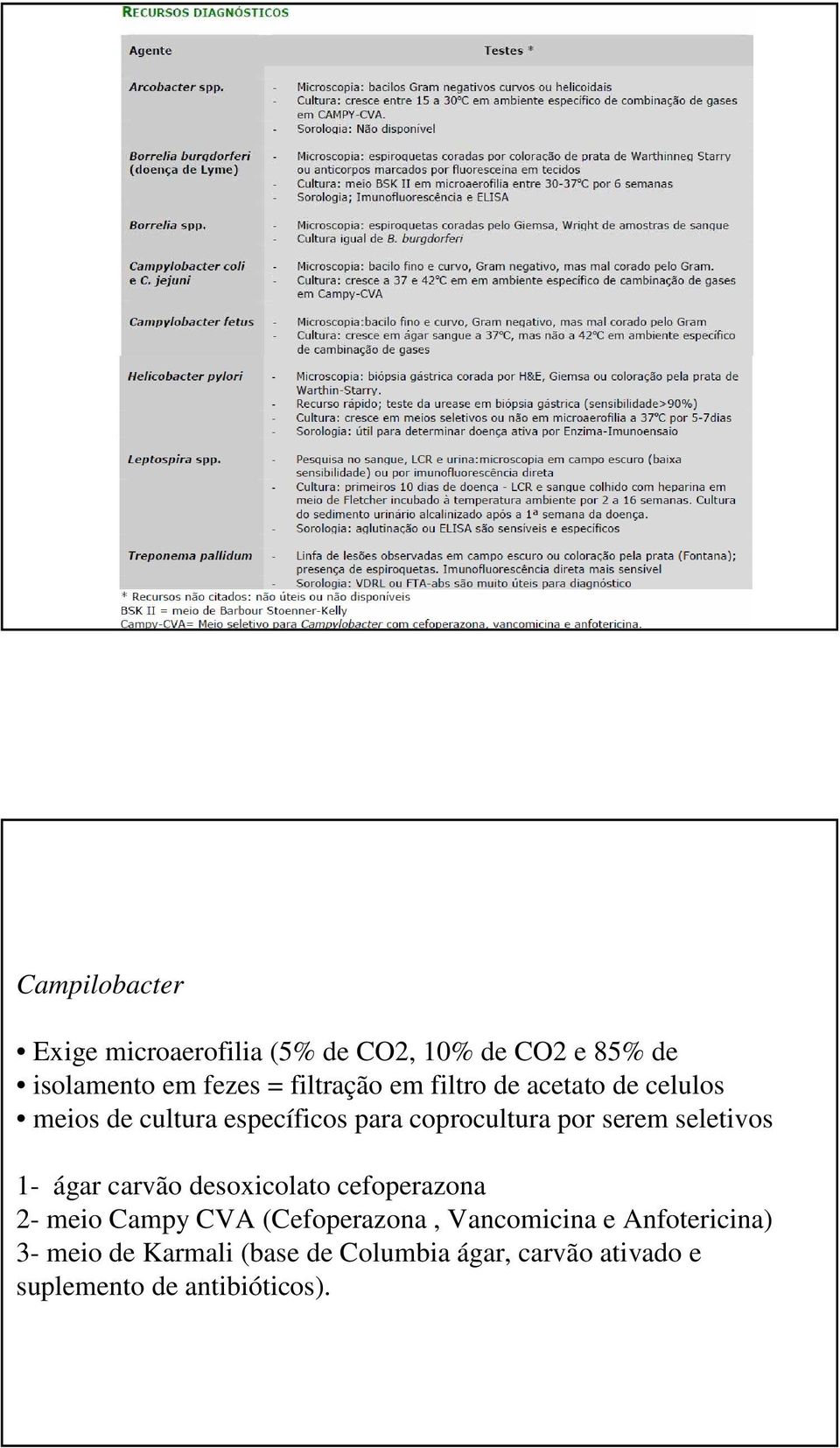 serem seletivos 1- ágar carvão desoxicolato cefoperazona 2- meio Campy CVA (Cefoperazona,