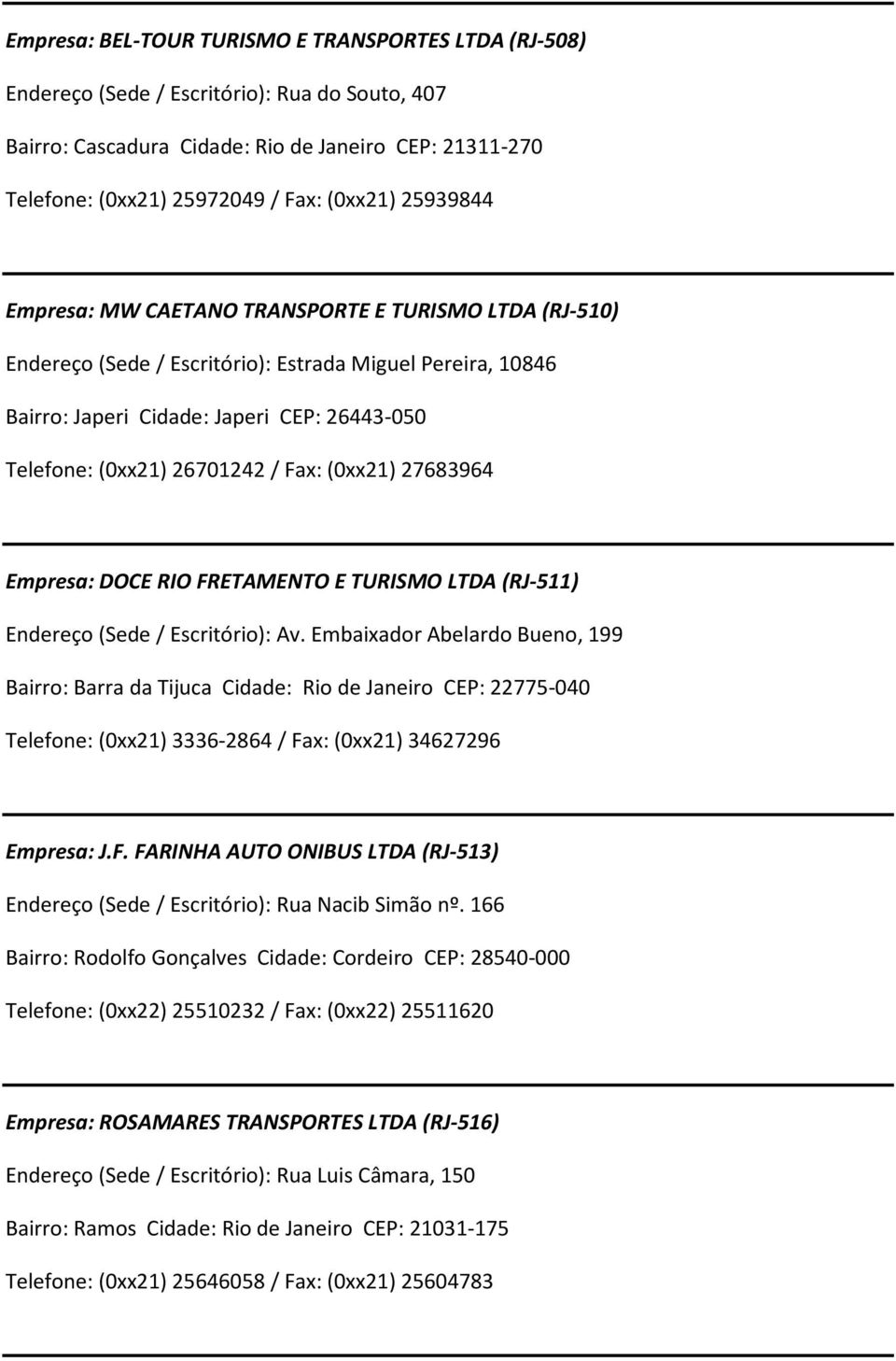 Fax: (0xx21) 27683964 Empresa: DOCE RIO FRETAMENTO E TURISMO LTDA (RJ-511) Endereço (Sede/ Escritório): Av.