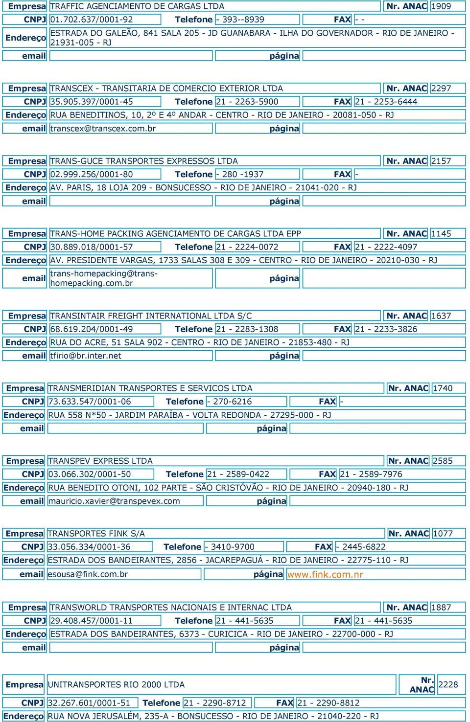 ANAC 2297 CNPJ 35.905.397/0001-45 Telefone 21-2263-5900 FAX 21-2253-6444 RUA BENEDITINOS, 10, 2º E 4º ANDAR - CENTRO - RIO DE JANEIRO - 20081-050 - RJ transcex@transcex.com.