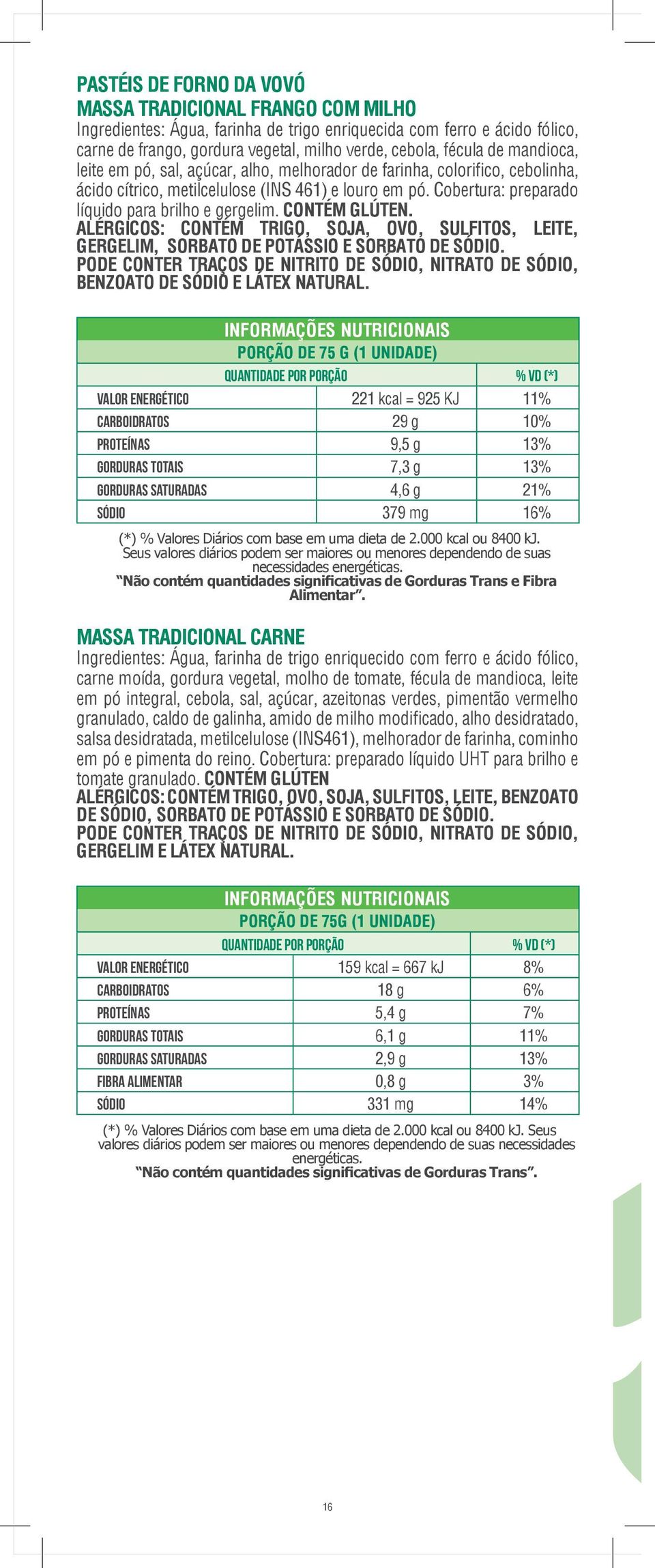 CONTÉM GLÚTEN. ALÉRGICOS: CONTÉM TRIGO, SOJA, OVO, SULFITOS, LEITE, GERGELIM, SORBATO DE POTÁSSIO E SORBATO DE SÓDIO.