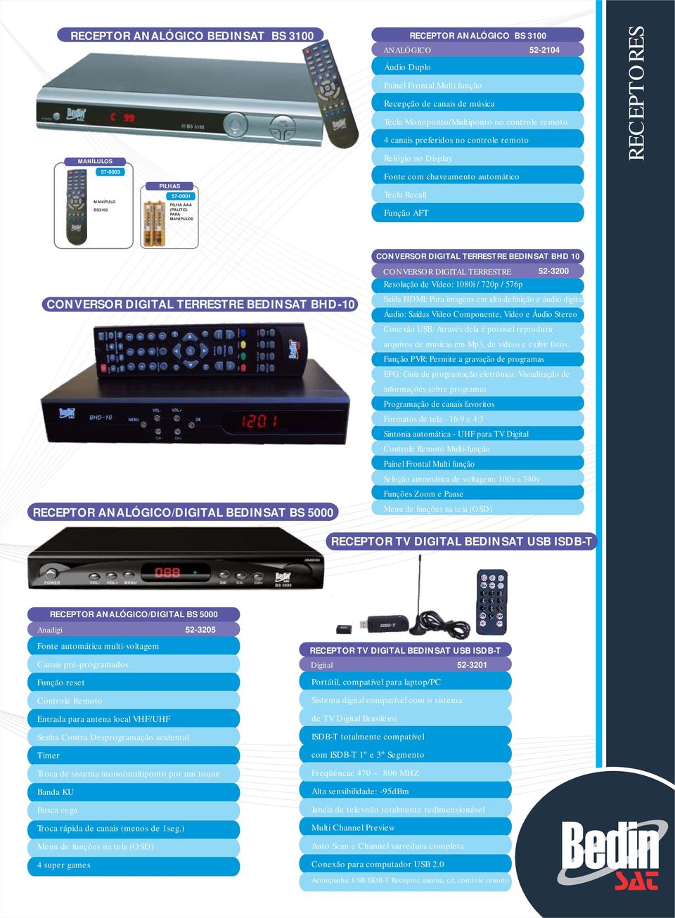 RECEPTORES CONVERSOR DIGITAL TERRESTRE BEDINSAT BHD-10 RECEPTOR ANALÓGICO/DIGITAL BEDINSAT BS 5000 CONVERSOR DIGITAL TERRESTRE BEDINSAT BHD 10 CONVERSOR DIGITAL TERRESTRE Resolução de Vídeo: 1080i /