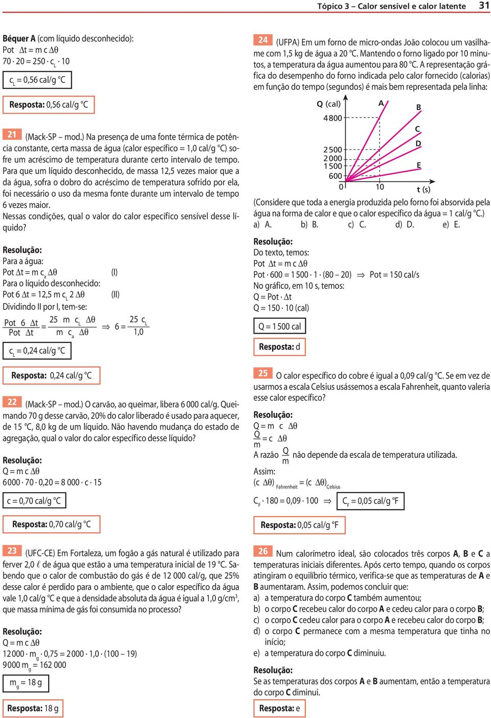 Para que um líquido desconhecido, de massa 12,5 vezes maior que a da água, sofra o dobro do acréscimo de temperatura sofrido por ela, foi necessário o uso da mesma fonte durante um intervalo de tempo