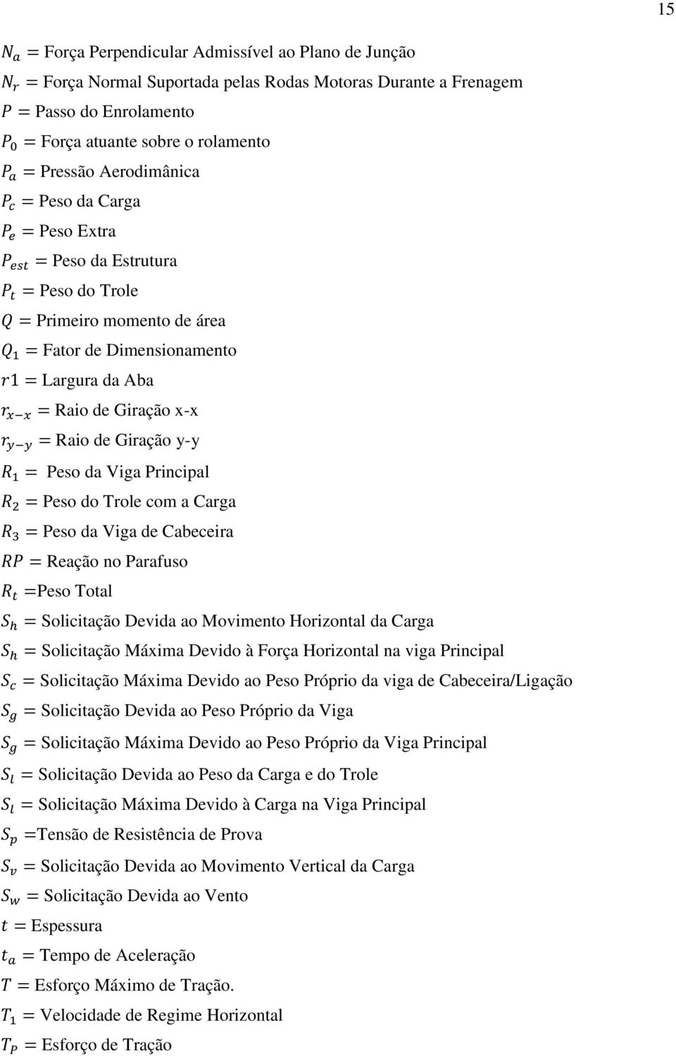 Giração x-x r y y = Raio de Giração y-y R 1 = Peso da Viga Principal R 2 = Peso do Trole com a Carga R 3 = Peso da Viga de Cabeceira RP = Reação no Parafuso R t =Peso Total S h = Solicitação Devida