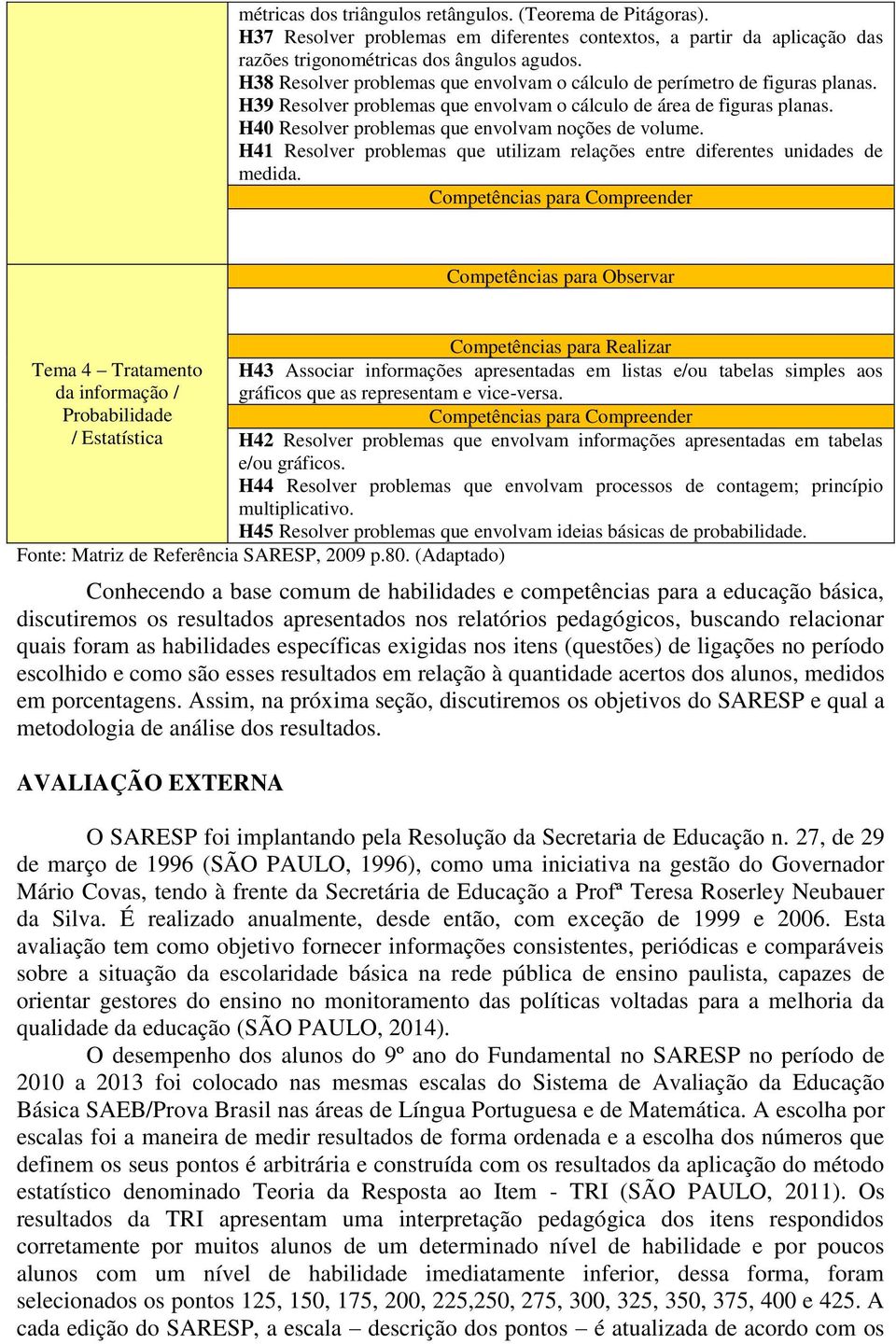 H40 Resolver problemas que envolvam noções de volume. H41 Resolver problemas que utilizam relações entre diferentes unidades de medida.