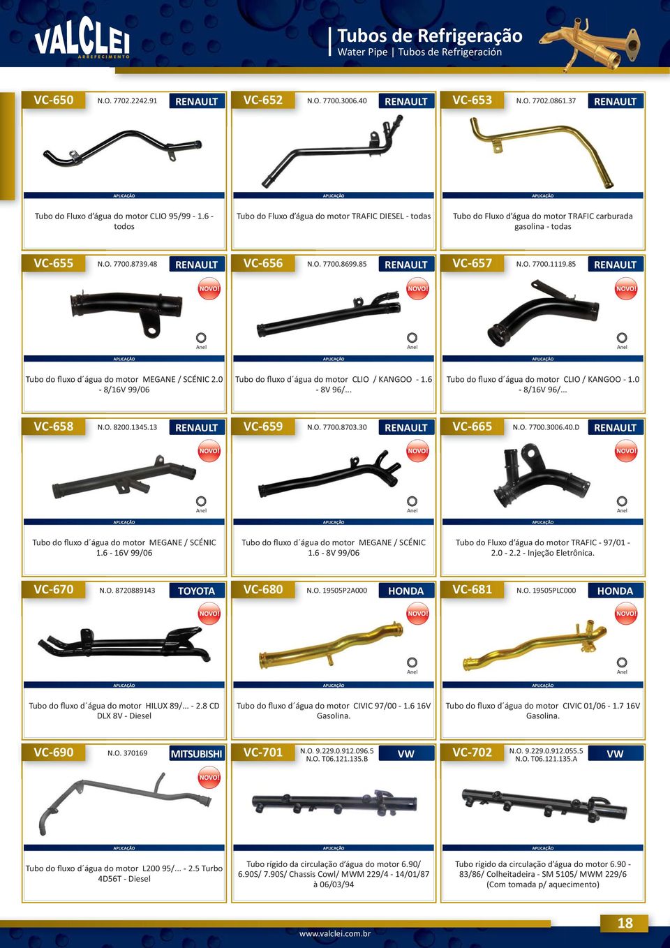 85 RENAULT Tubo do fluxo d água do motor MEGANE / SCÉNIC 2.0 8/16V 99/06 Tubo do fluxo d água do motor CLIO / KANGOO 1.6 8V 96/... Tubo do fluxo d água do motor CLIO / KANGOO 1.0 8/16V 96/... VC658 N.