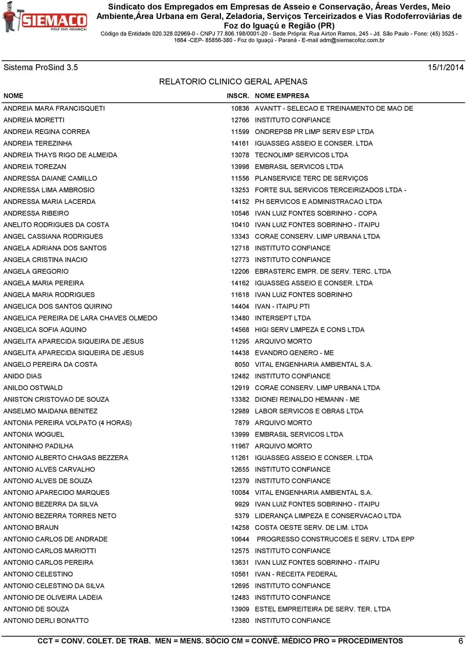 LTDA ANDREIA THAYS RIGO DE ALMEIDA 13078 TECNOLIMP SERVICOS LTDA ANDREIA TOREZAN 13998 EMBRASIL SERVICOS LTDA ANDRESSA DAIANE CAMILLO 11556 PLANSERVICE TERC DE SERVIÇOS ANDRESSA LIMA AMBROSIO 13253