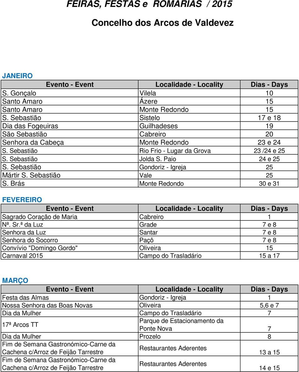 Paio 24 e 25 S. Sebastião Gondoriz - Igreja 25 Mártir S. Sebastião Vale 25 S. Brás Monte Redondo 30 e 31 FEVEREIRO Sagrado Coração de Maria Cabreiro 1 Nª. Sr.