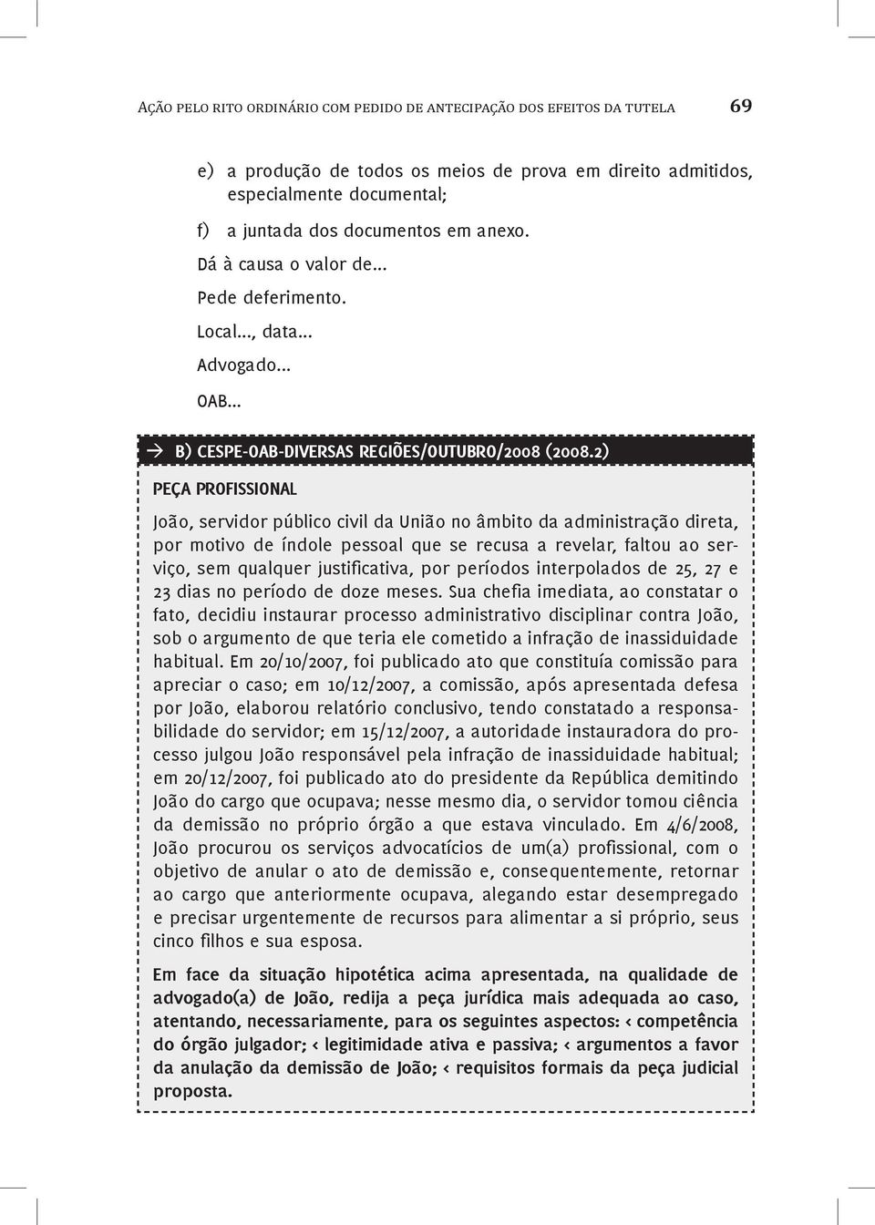 2) PEÇA PROFISSIONAL João, servidor público civil da União no âmbito da administração direta, por motivo de índole pessoal que se recusa a revelar, faltou ao serviço, sem qualquer justificativa, por