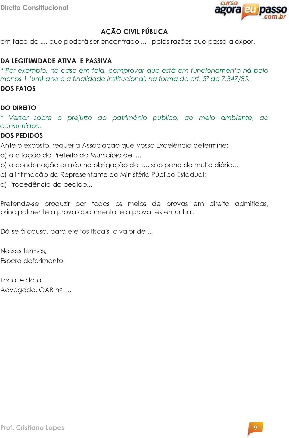 DOS FATOS DO DIREITO * Versar sobre o prejuízo ao patrimônio público, ao meio ambiente, ao consumidor DOS PEDIDOS Ante o exposto, requer a Associação que Vossa Excelência determine: a) a citação do