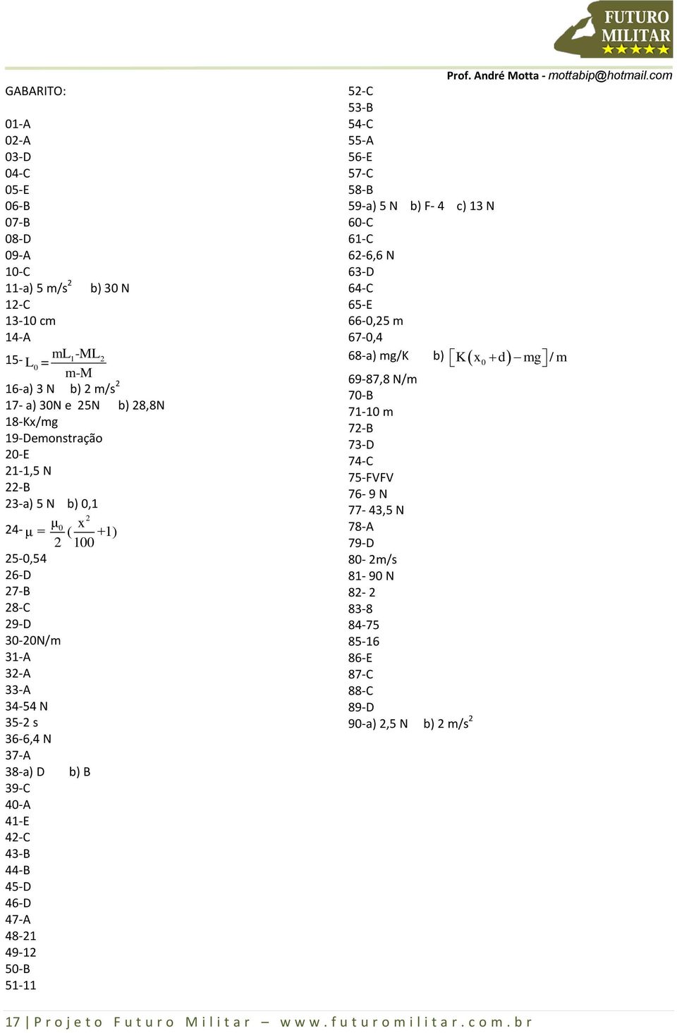 51-11 100 b) B 5-C 53-B 54-C 55-A 56-E 57-C 58-B 59-a) 5 N b) F- 4 c) 13 N 60-C 61-C 6-6,6 N 63-D 64-C 65-E 66-0,5 m 67-0,4 68-a) mg/k b) K x0 d mg / m 69-87,8 N/m 70-B 71-10 m 7-B 73-D