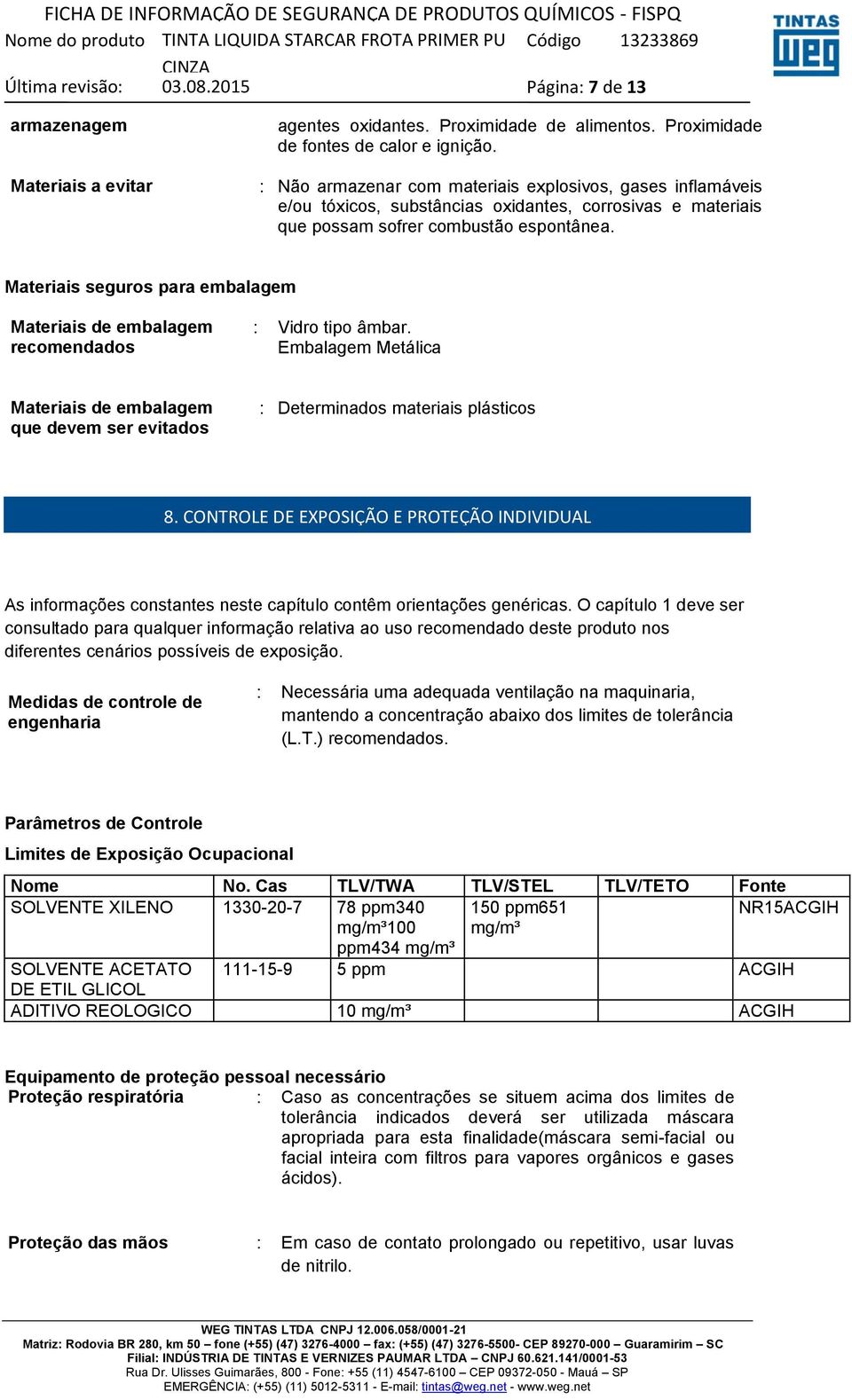 Materiais seguros para embalagem Materiais de embalagem recomendados : Vidro tipo âmbar. Embalagem Metálica Materiais de embalagem que devem ser evitados : Determinados materiais plásticos 8.