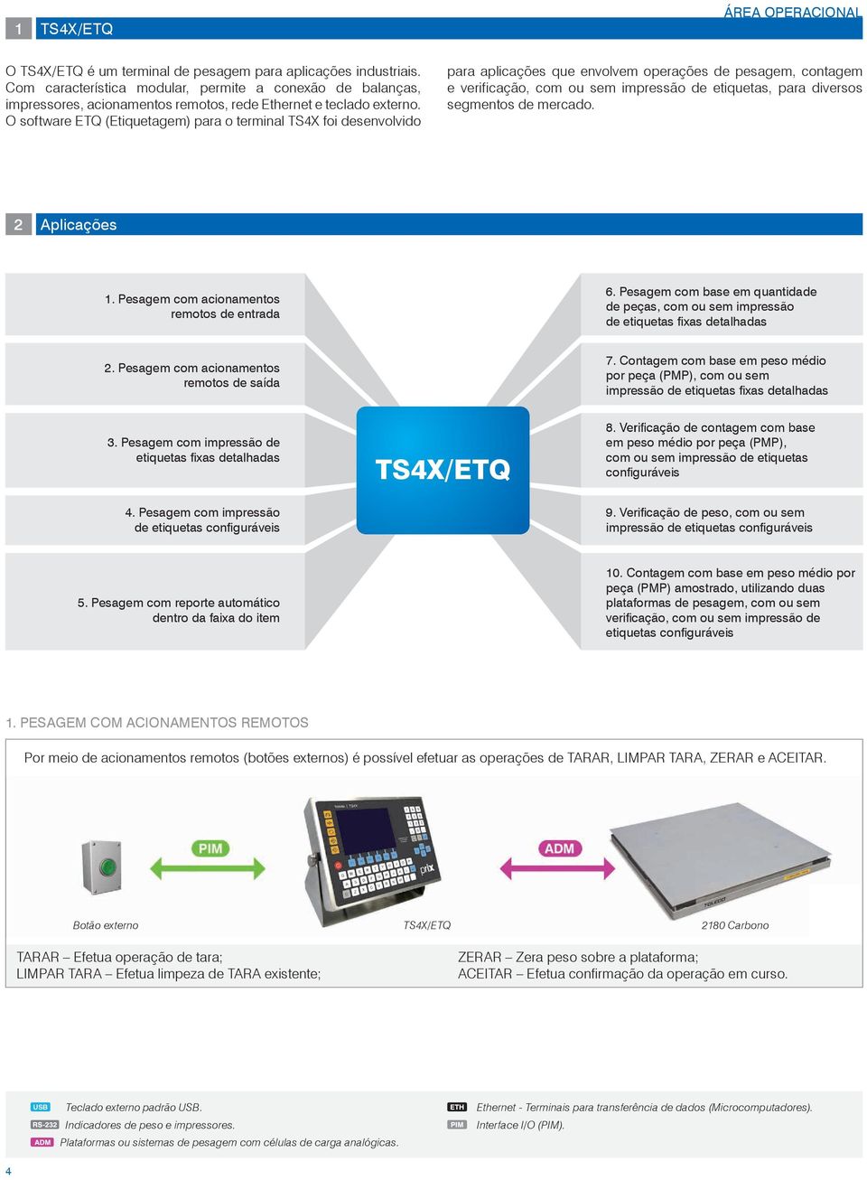 O software ETQ (Etiquetagem) para o terminal TS4X foi desenvolvido para aplicações que envolvem operações de pesagem, contagem e verificação, com ou sem impressão de etiquetas, para diversos