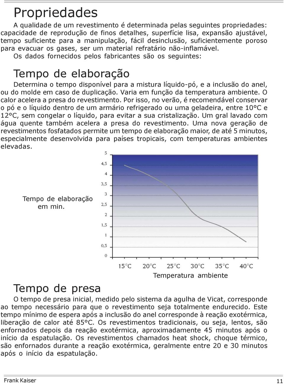 Os dados fornecidos pelos fabricantes são os seguintes: Tempo de elaboração Determina o tempo disponível para a mistura líquido-pó, e a inclusão do anel, ou do molde em caso de duplicação.