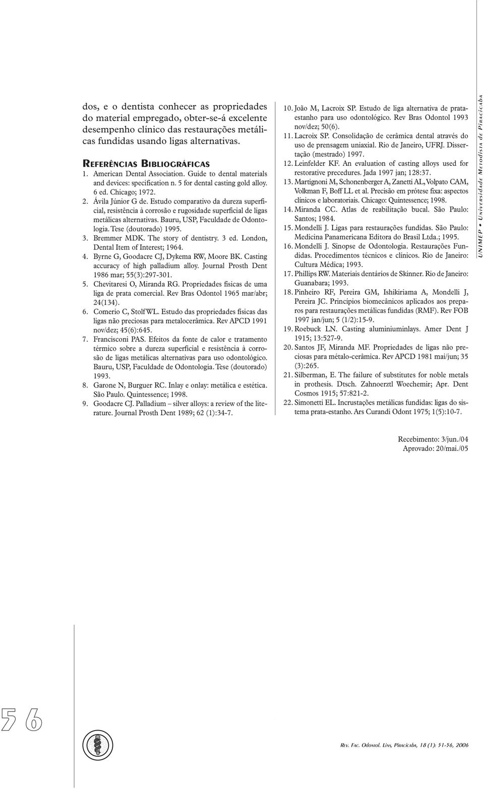 Estudo comparativo da dureza superficial, resistência à corrosão e rugosidade superficial de ligas metálicas alternativas. Bauru, USP, Faculdade de Odontologia. Tese (doutorado) 1995. 3. Bremmer MDK.