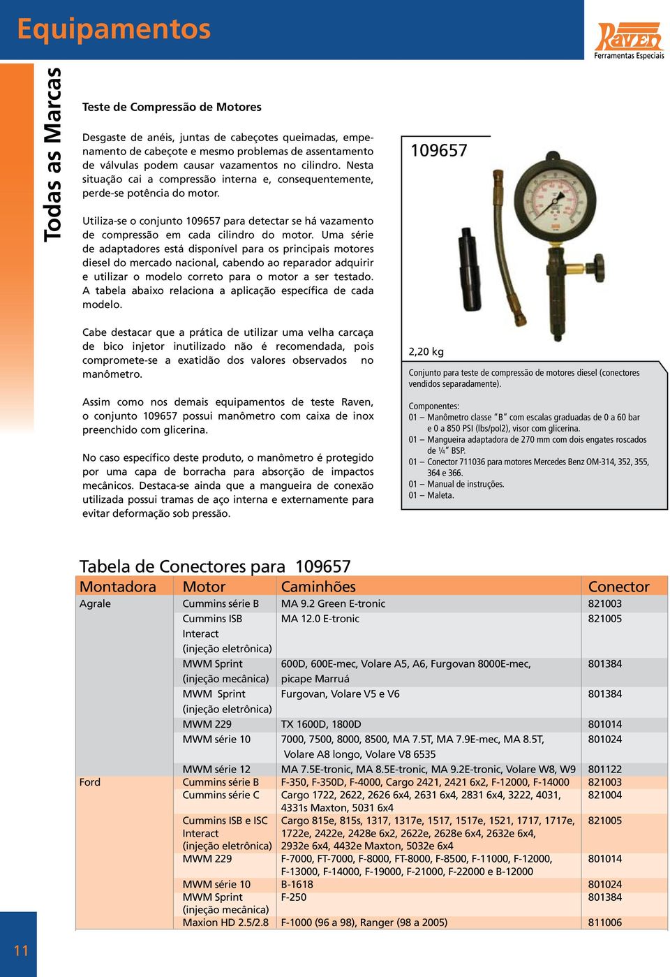 Uma série de adaptadores está disponível para os principais motores diesel do mercado nacional, cabendo ao reparador adquirir e utilizar o modelo correto para o motor a ser testado.