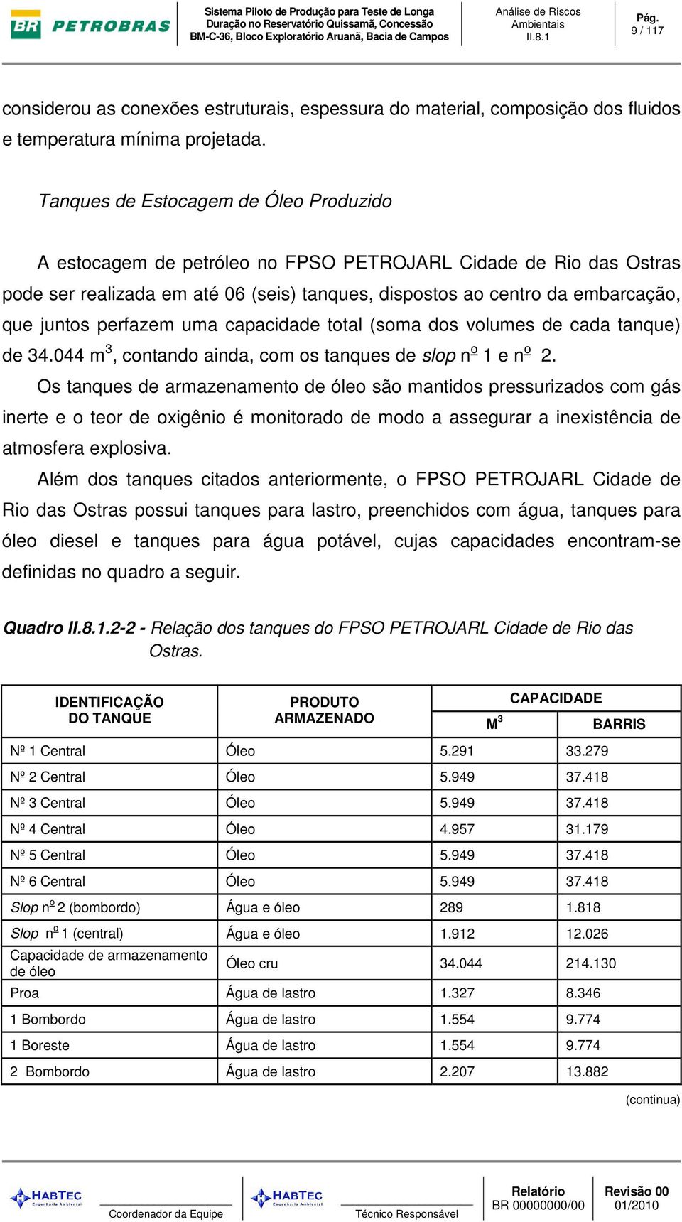 perfazem uma capacidade total (soma dos volumes de cada tanque) de 34.044 m 3, contando ainda, com os tanques de slop n o 1 e n o 2.