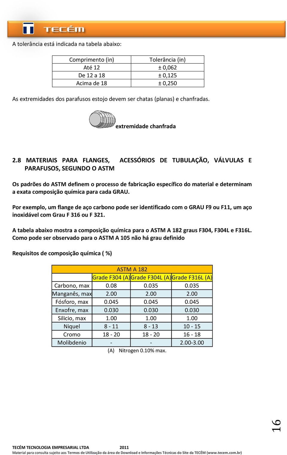 8 MATERIAIS PARA FLANGES, ACESSÓRIOS DE TUBULAÇÃO, VÁLVULAS E PARAFUSOS, SEGUNDO O ASTM Os padrões do ASTM definem o processo de fabricação específico do material e determinam a exata composição