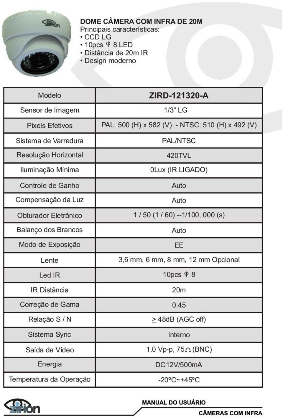 ZIRD-121320-A 1/3" LG PAL: 500 (H) x 582 (V) - NTSC: 510