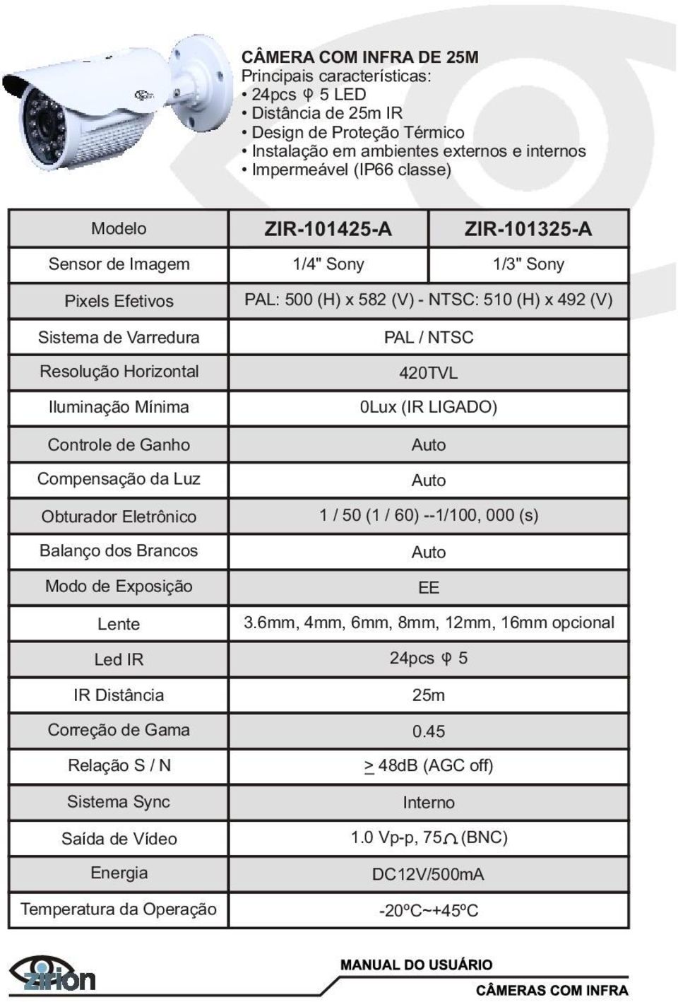 1/4" Sony ZIR-101325-A 1/3" Sony Compensação da Luz PAL: 500 (H) x 582 (V) - NTSC: