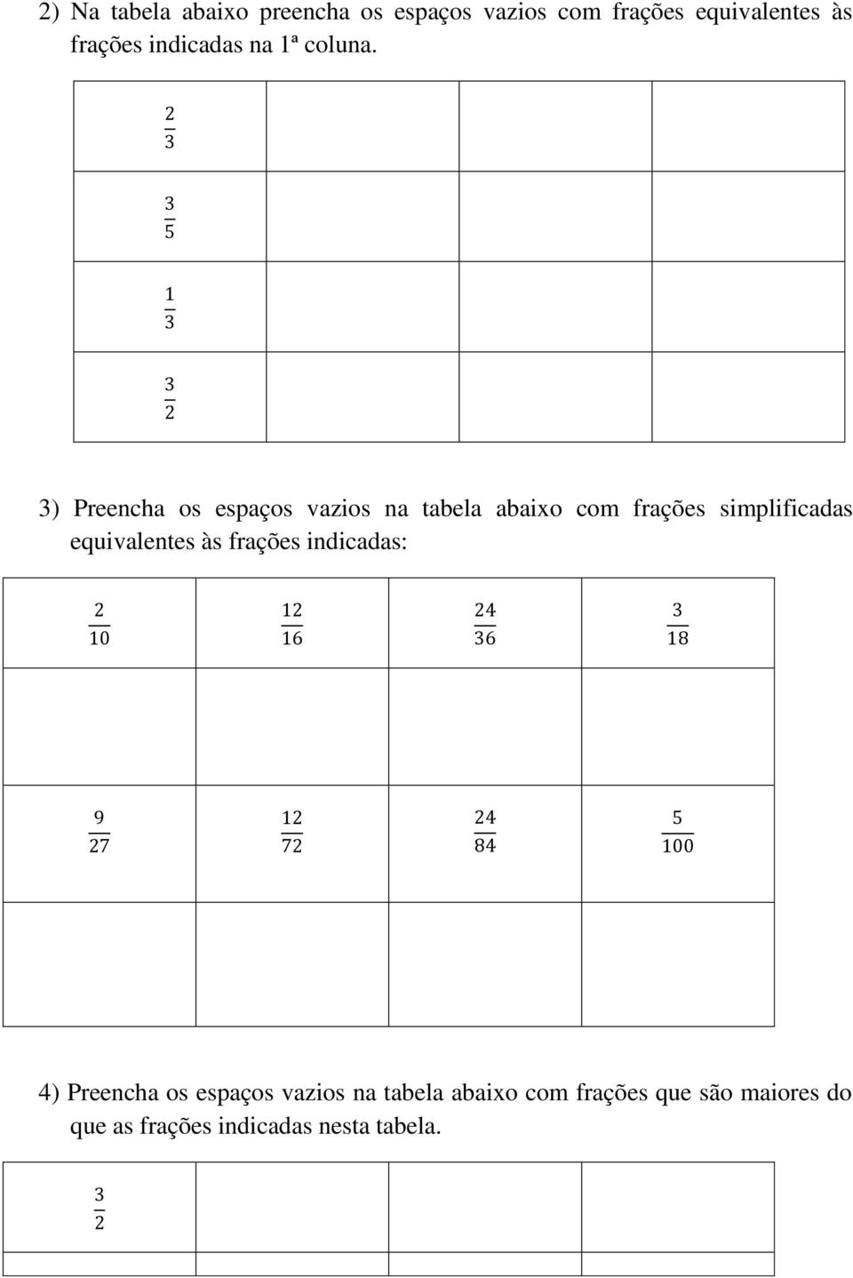 3) Preencha os espaços vazios na tabela abaixo com frações simplificadas