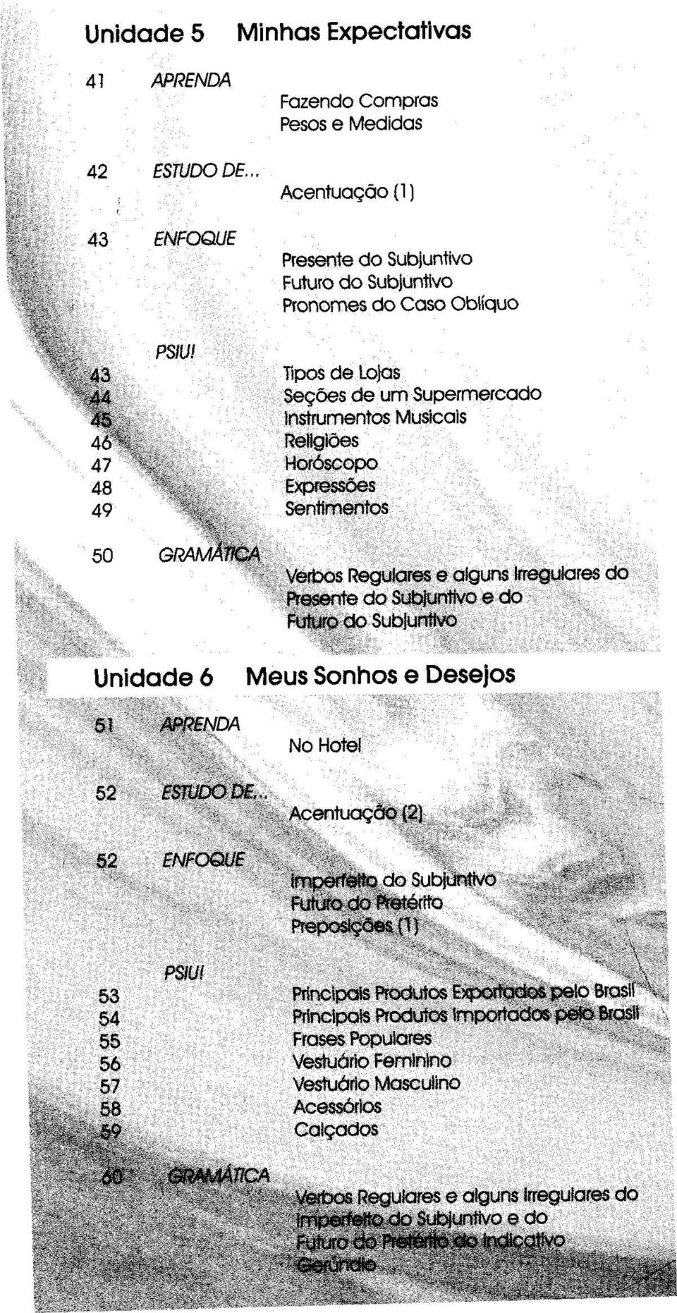 Musicais 46 v Religiões 47 Horóscopo 48 fe Expressões 49 Sentimentos 50 GRAMÁTICA Verbos Regulares e alguns Irregulares do Presente do Subjuntivo e do Futuro do Subjuntivo Unidade 6 Meus Sonhos e