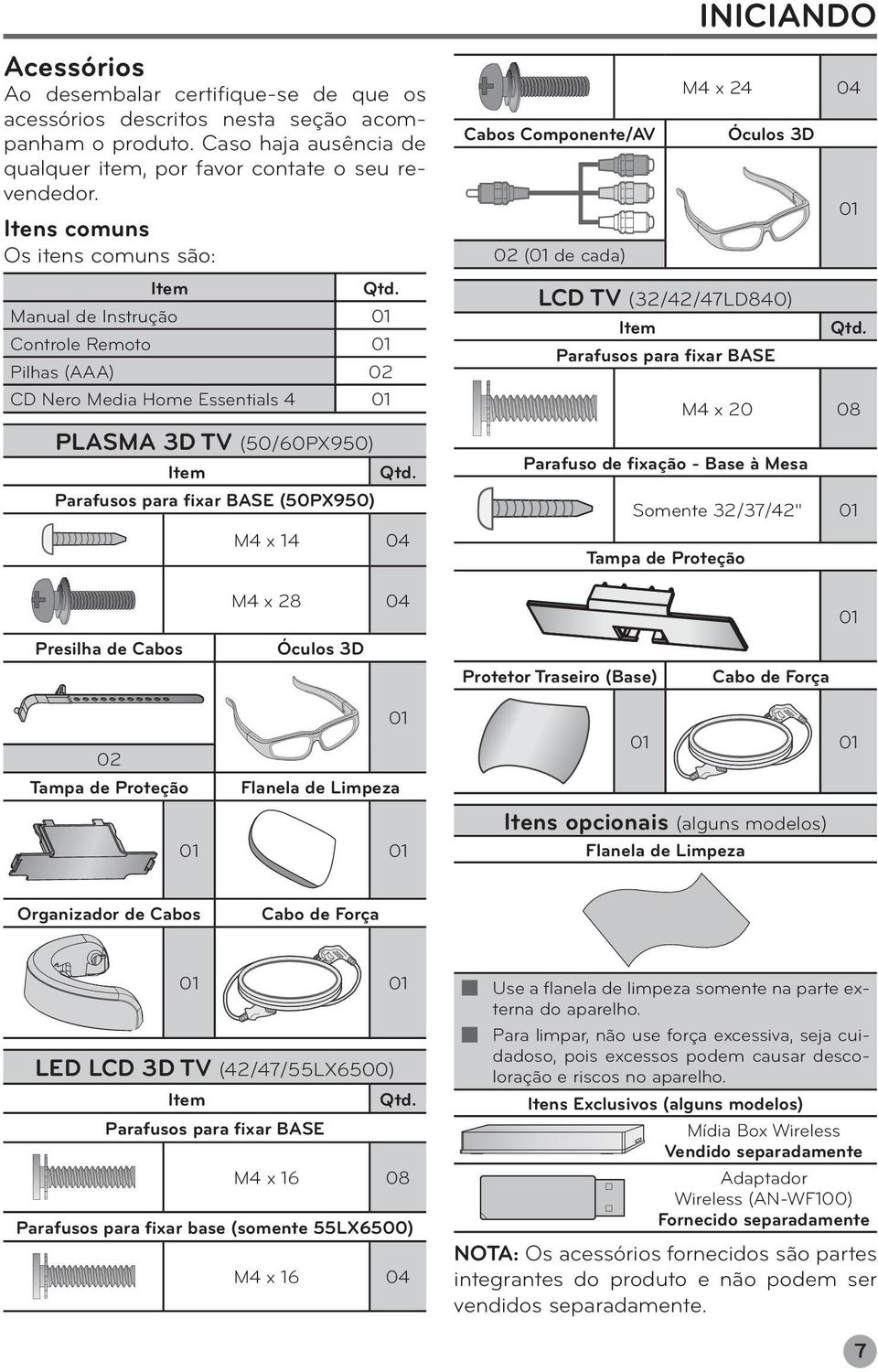 Parafusos para fixar BASE (50PX950) M4 x 4 04 Cabos Componente/AV 0 (0 de cada) INICIANDO M4 x 4 04 Óculos 3D LCD TV (3/4/47LD840) Item Parafusos para fixar BASE 0 Qtd.