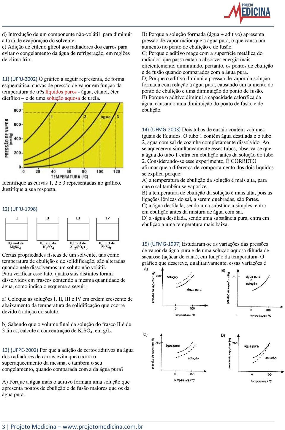 11) (UFRJ-2002) O gráfico a seguir representa, de forma esquemática, curvas de pressão de vapor em função da temperatura de três líquidos puros - água, etanol, éter dietílico e de uma solução aquosa