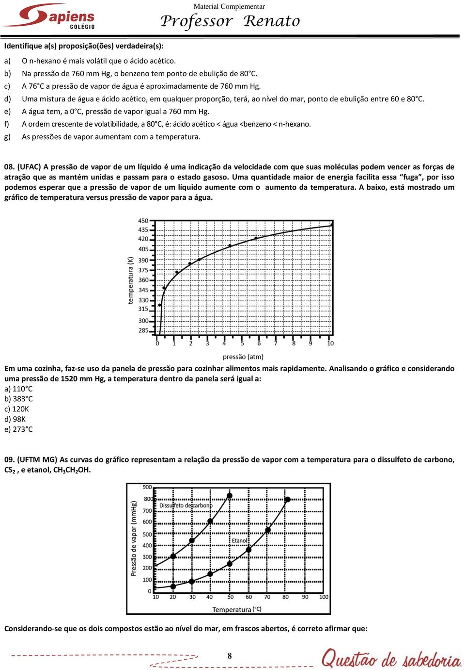 e) A água tem, a 0 C, pressão de vapor igual a 760 mm Hg. f) A ordem crescente de volatibilidade, a 80 C, é: ácido acético < água <benzeno < n-hexano.