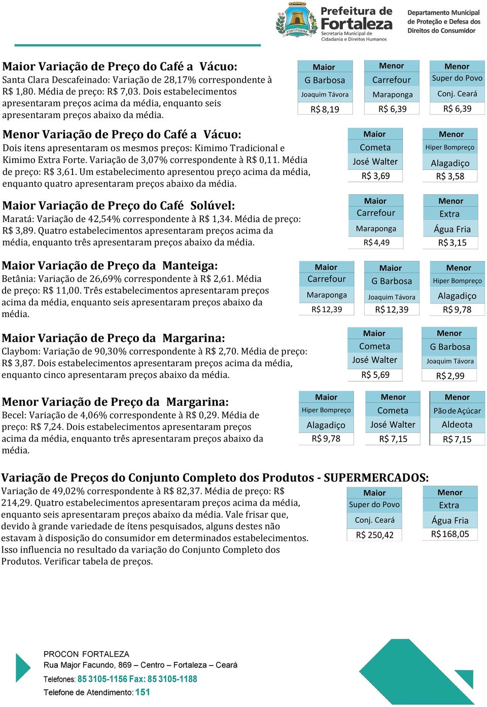 Variação de Preço do Café a Vácuo: Dois itens apresentaram os mesmos preços: Kimimo Tradicional e Kimimo Extra Forte. Variação de 3,07% correspondente à R$ 0,11. Média de preço: R$ 3,61.