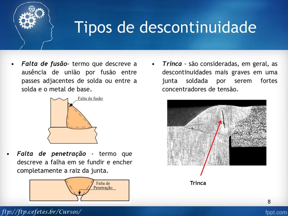 Trinca - são consideradas, em geral, as descontinuidades mais graves em uma junta soldada por serem fortes