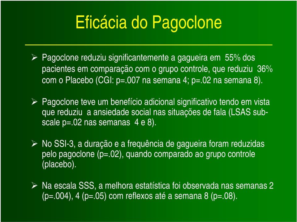 Pagoclone teve um benefício adicional significativo tendo em vista que reduziu a ansiedade social nas situações de fala (LSAS subscale p=.