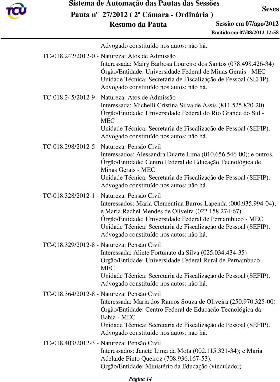 298/2012-5 - Natureza: Pensão Civil Interessados: Alessandra Duarte Lima (010.656.546-00); e outros. Órgão/Entidade: Centro Federal de Educação Tecnológica de Minas Gerais - MEC TC-018.