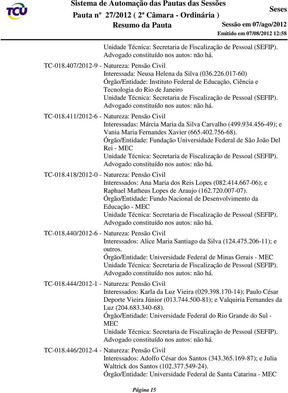 Órgão/Entidade: Fundação Universidade Federal de São João Del Rei - MEC TC-018.418/2012-0 - Natureza: Pensão Civil Interessados: Ana Maria dos Reis Lopes (082.414.