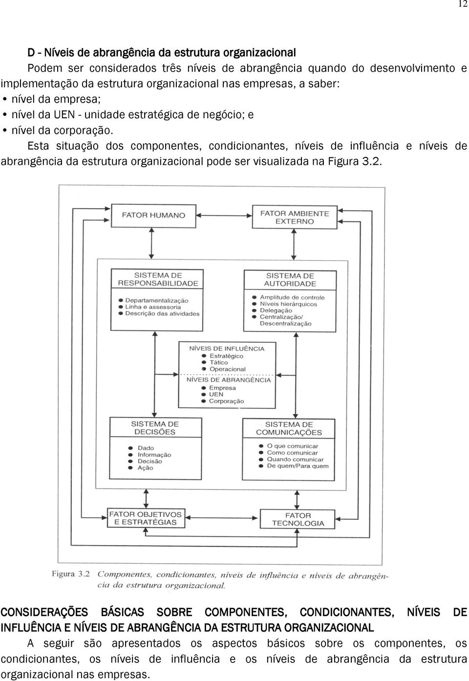 Esta situação dos componentes, condicionantes, níveis de influência e níveis de abrangência da estrutura organizacional pode ser visualizada na Figura 3.2.