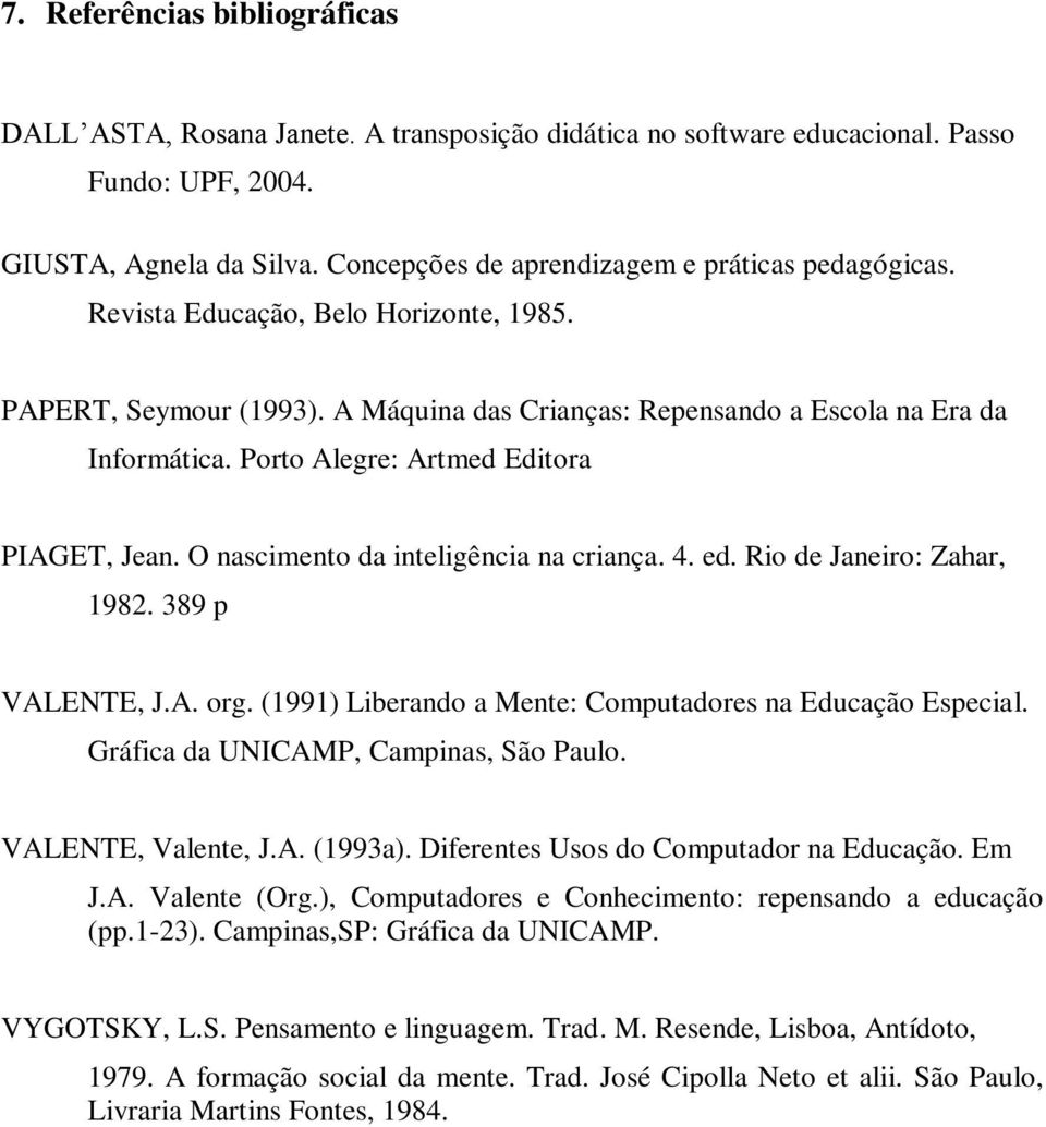 Porto Alegre: Artmed Editora PIAGET, Jean. O nascimento da inteligência na criança. 4. ed. Rio de Janeiro: Zahar, 1982. 389 p VALENTE, J.A. org.