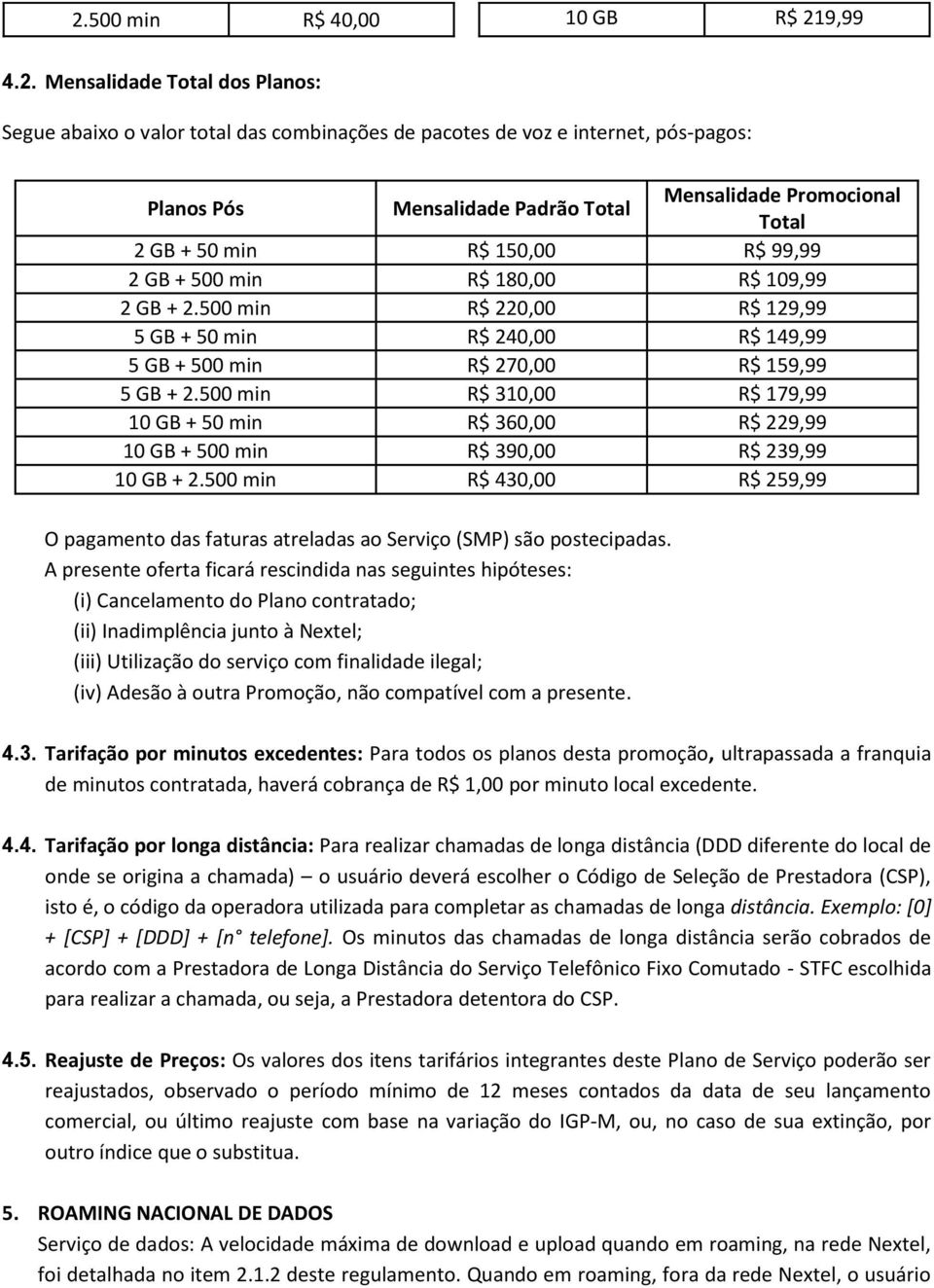 500 min R$ 220,00 R$ 129,99 5 GB + 50 min R$ 240,00 R$ 149,99 5 GB + 500 min R$ 270,00 R$ 159,99 5 GB + 2.