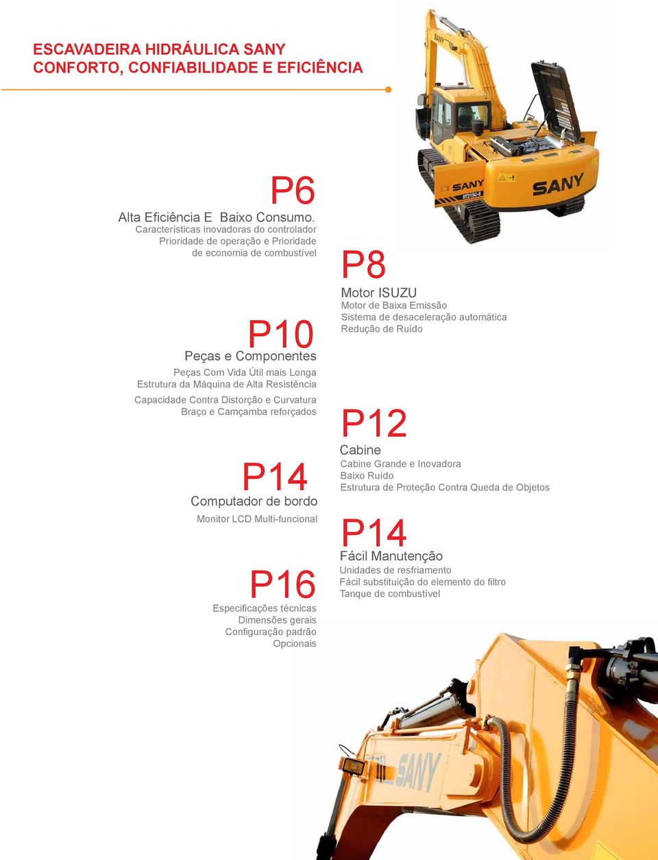 Resistência Capacidade Contra Distorção e Curvatura Braço e Camçamba reforçados P14 Computador de bordo Monitor LCD Multi-funcional P16 Especificações técnicas Dimensões gerais Configuração padrão