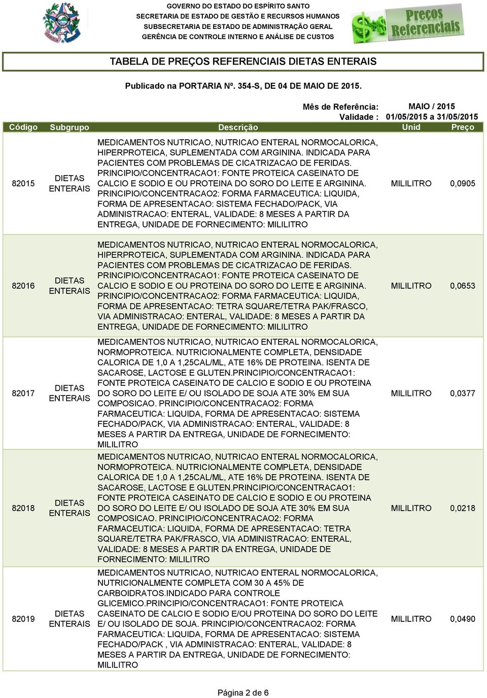 PRINCIPIO/CONCENTRACAO2: FORMA FARMACEUTICA: LIQUIDA, FORMA DE APRESENTACAO: SISTEMA FECHADO/PACK, VIA ADMINISTRACAO: ENTERAL, VALIDADE: 8 MESES A PARTIR DA ENTREGA, UNIDADE DE 0,0905 82016