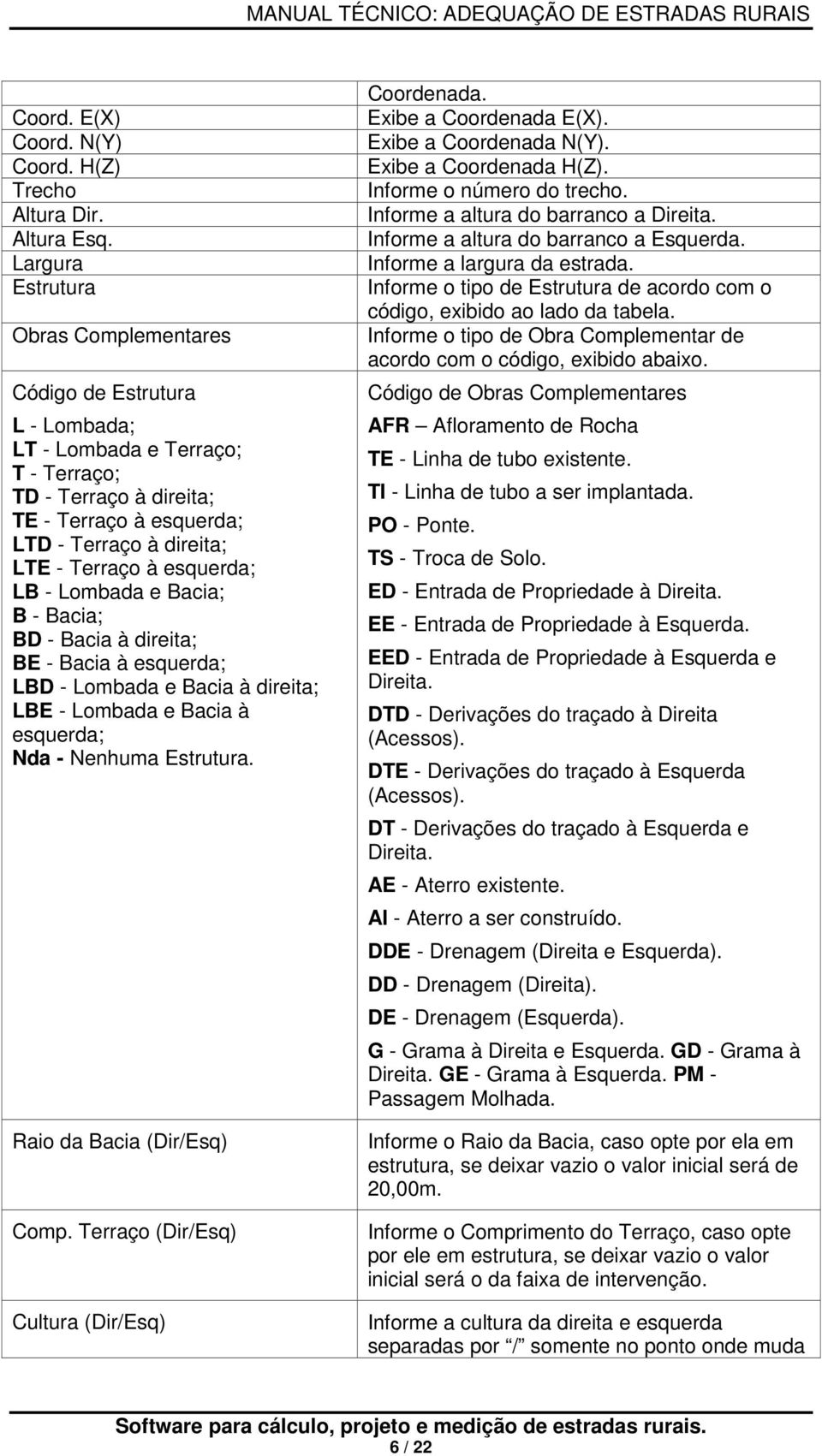 esquerda; LB - Lombada e Bacia; B - Bacia; BD - Bacia à direita; BE - Bacia à esquerda; LBD - Lombada e Bacia à direita; LBE - Lombada e Bacia à esquerda; Nda - Nenhuma Estrutura.