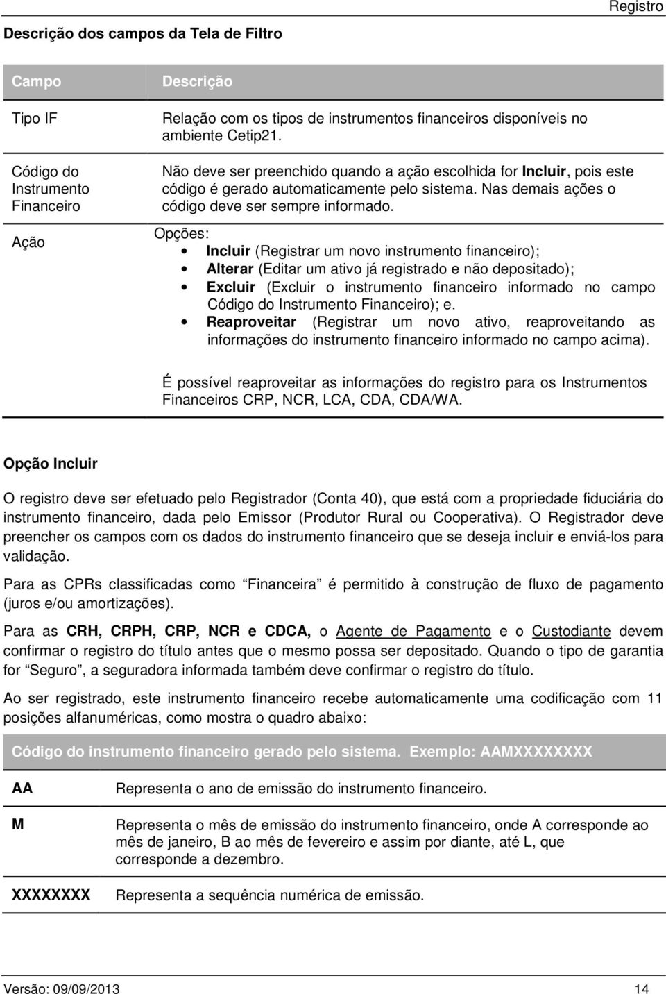 Opções: Incluir (Registrar um novo instrumento financeiro); Alterar (Editar um ativo já registrado e não depositado); Excluir (Excluir o instrumento financeiro informado no campo Código do