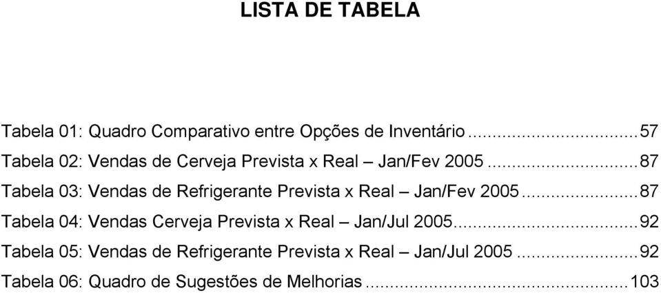 ..87 Tabela 03: Vendas de Refrigerante Prevista x Real Jan/Fev 2005.